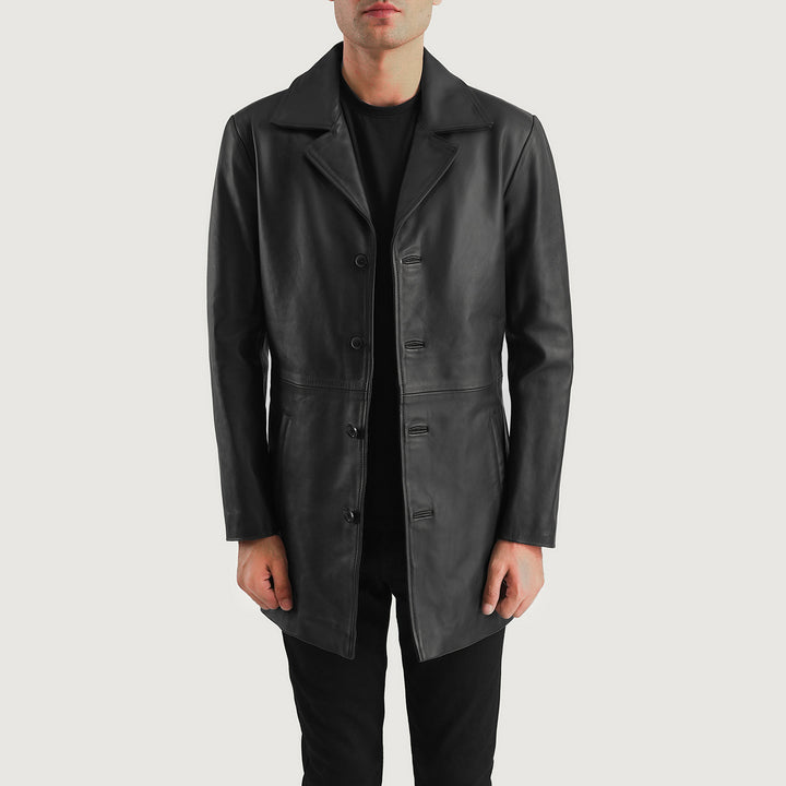 Men's sleek black leather coat in USA