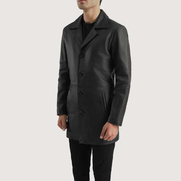 Men's bold black leather coat in USA market
