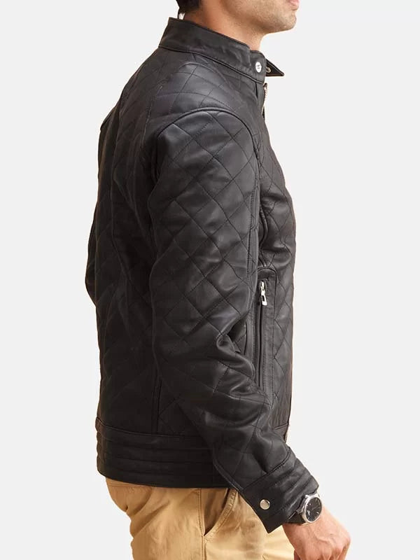 Stylish quilted leather jacket with snap-tab collar