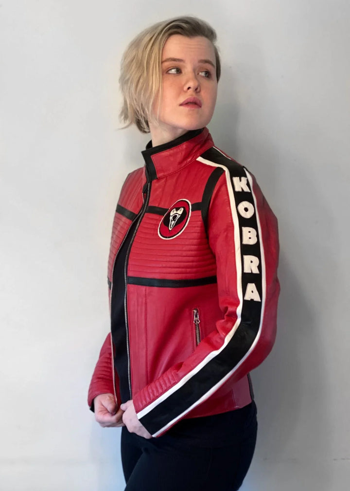 Close-up of Women's Kobra Kid Red Leather Jacket texture in France style