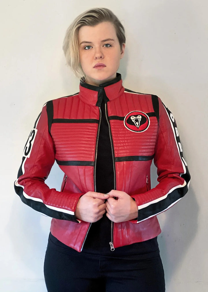 Women's Kobra Kid Red Leather Jacket front view in USA