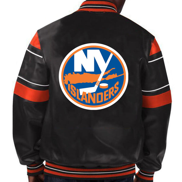 Embrace the blue and orange spirit with this premium leather jacket featuring bold team colors and iconic Islanders designs in France style