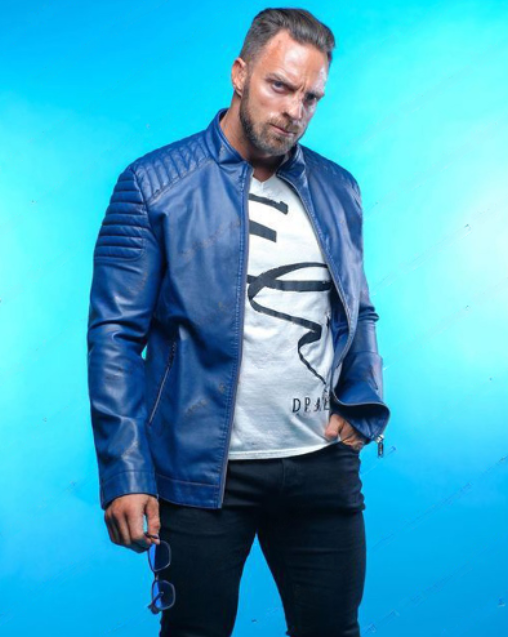 Blue leather jacket worn by LA Knight on NXT in American style