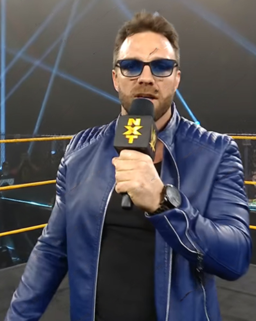 LA Knight signature blue leather jacket on NXT in United state market
