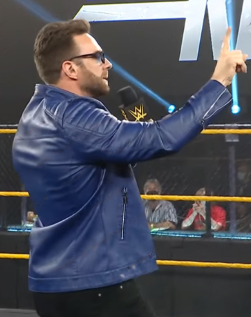 Bold blue leather jacket worn by LA Knight on NXT in France style