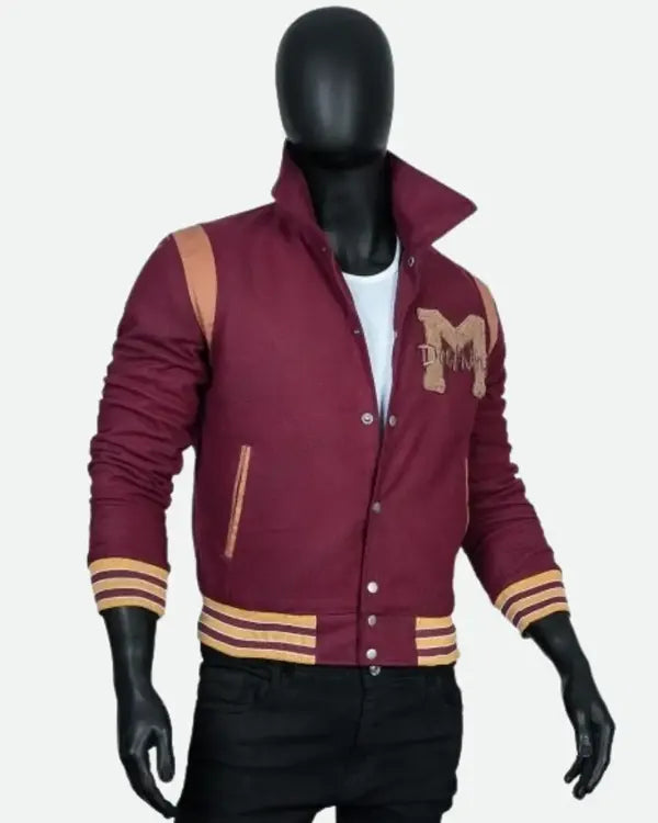 Stylish red and white varsity jacket inspired by Jackson Marchetti