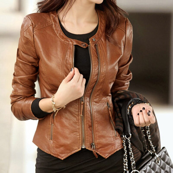 Stylish brown leather jacket for women