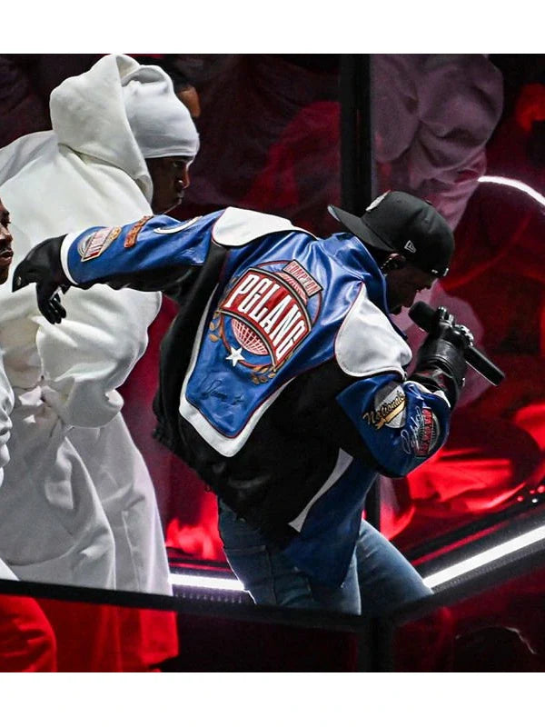 Kendrick Lamar iconic black Super Bowl leather jacket