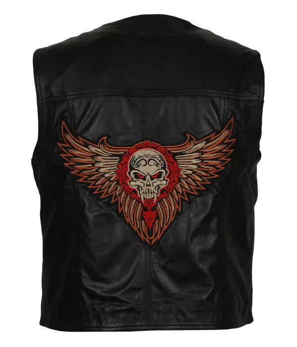 Men's Skull Embroidered Black Motorcycle Genuine Leather Vest