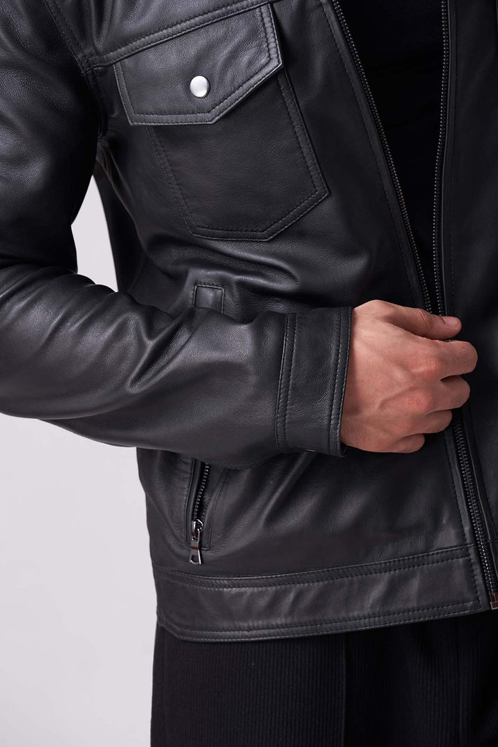 Modern black leather jacket style