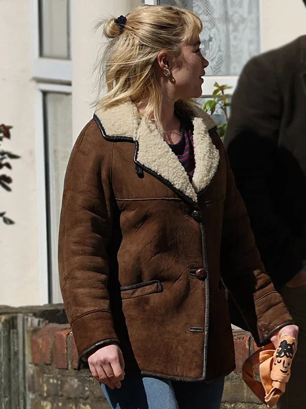 Trendy Brown Shearling Leather Jacket Inspired by Florence Pugh

