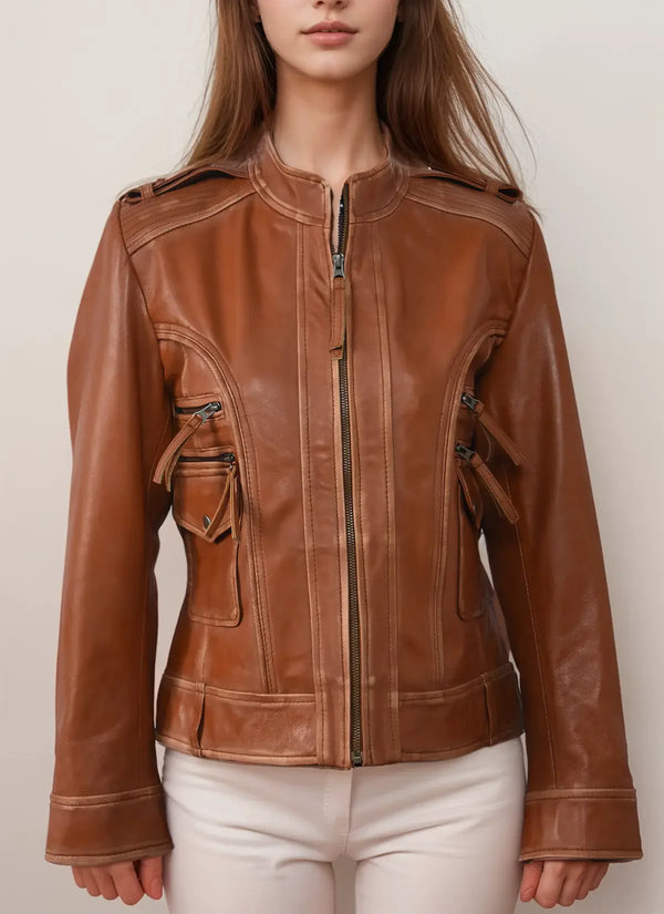 Front View Women Genuine Lambskin leather jacket