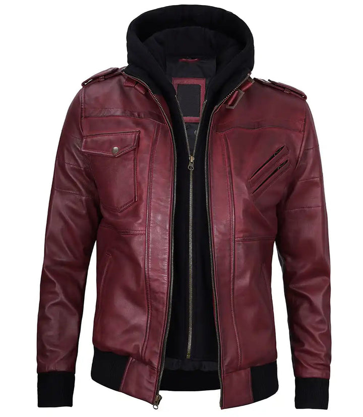 Versatile men's leather jacket with detachable hood