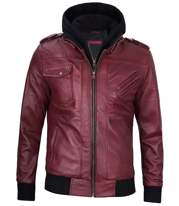 Fashionable maroon hooded leather outerwear