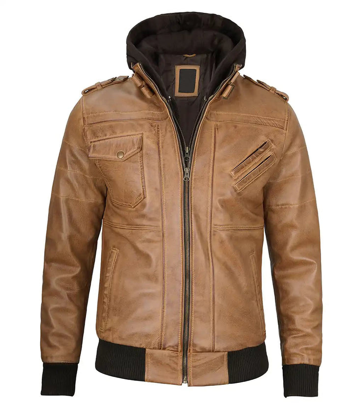 Men's Camel Brown Leather Jacket with Removable Hood in United state market