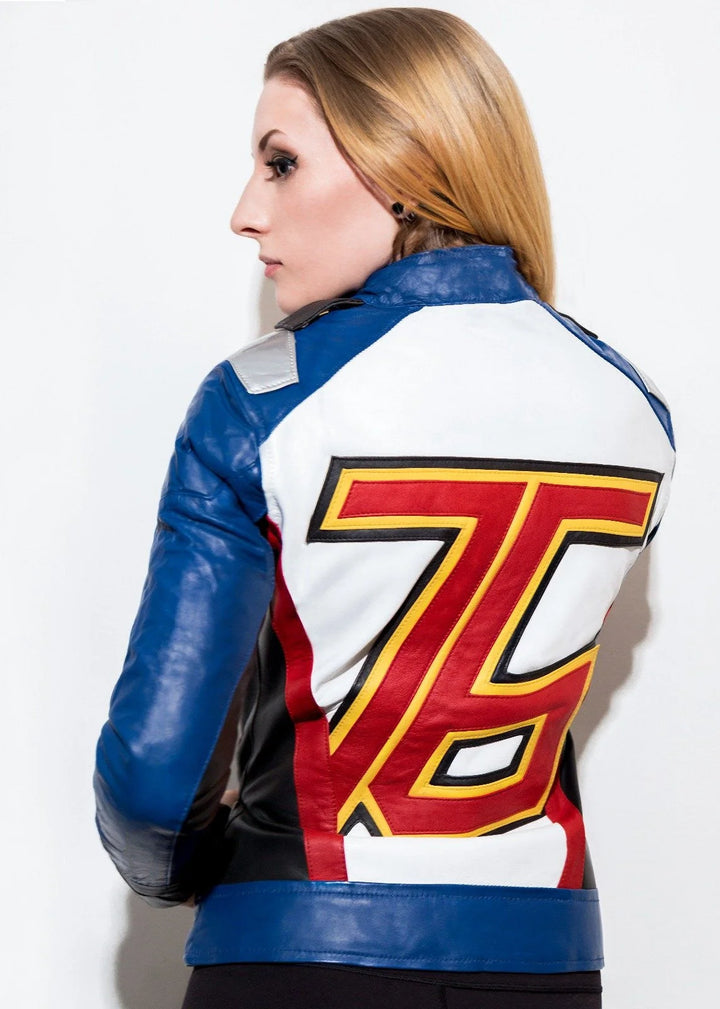 Close-up of Women's Soldier 76 Blue Leather Jacket texture in United state market