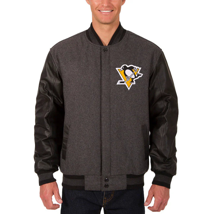 mens pittsburgh penguins two hit wool body leather sleeve varsity jacket in USA