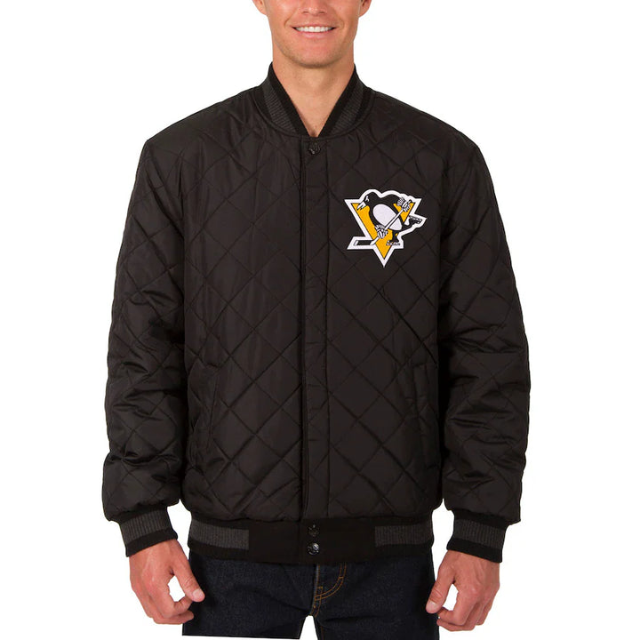 reversible penguins jacket with wool torso and leather sleeves in USA