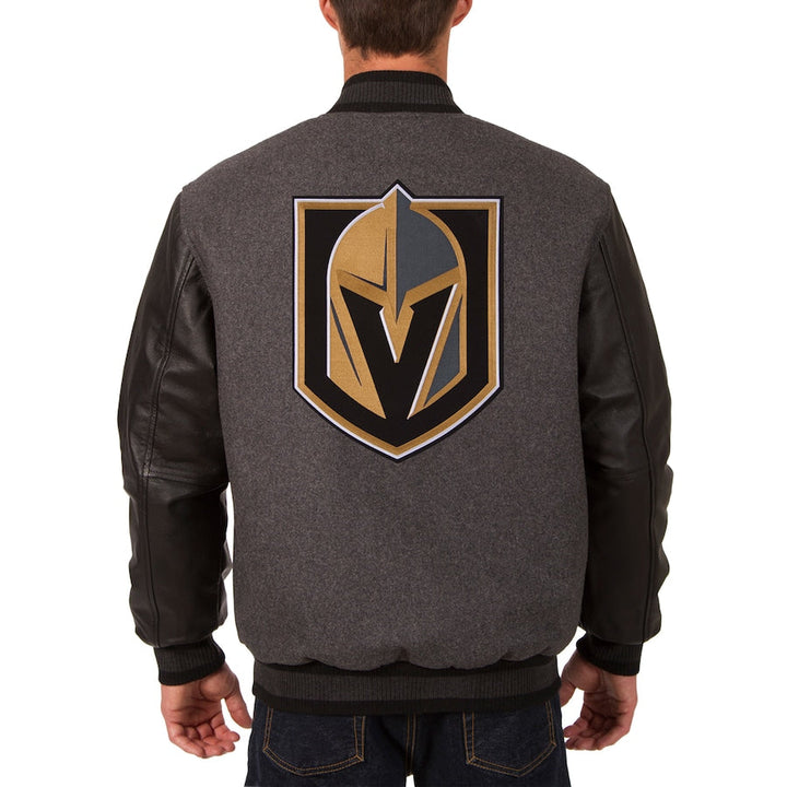 reversible golden knights jacket with wool body and leather sleeves in USA