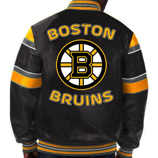 Embrace the Bruins' legacy with this premium black leather jacket, featuring bold team colors and iconic Bruins insignia in France style