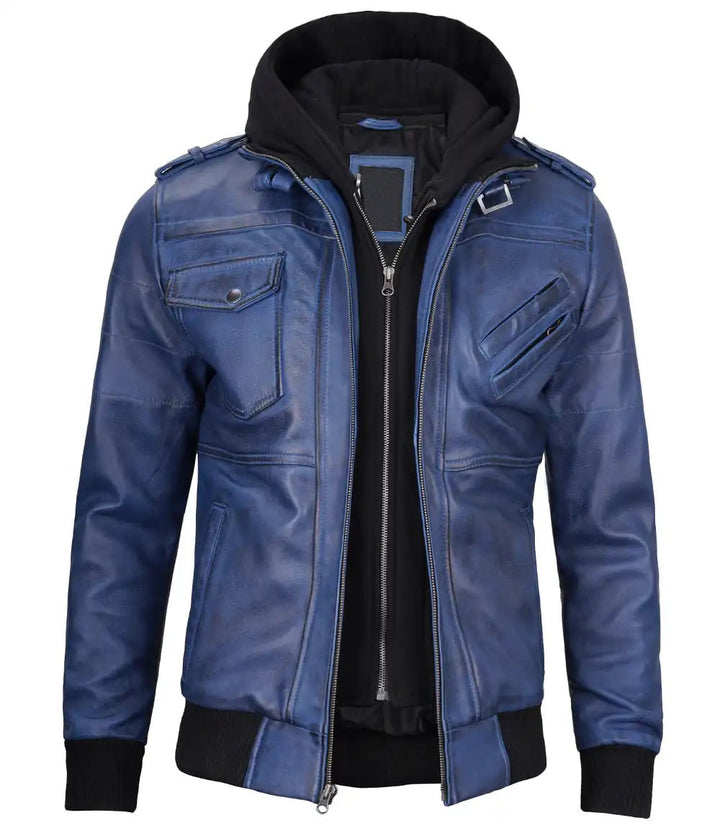 Men's Fashionable Blue Leather Jacket with Removable Hood in USA