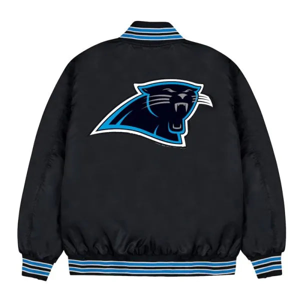 Black satin Panthers jacket with blue ribbed cuffs and collar in USA