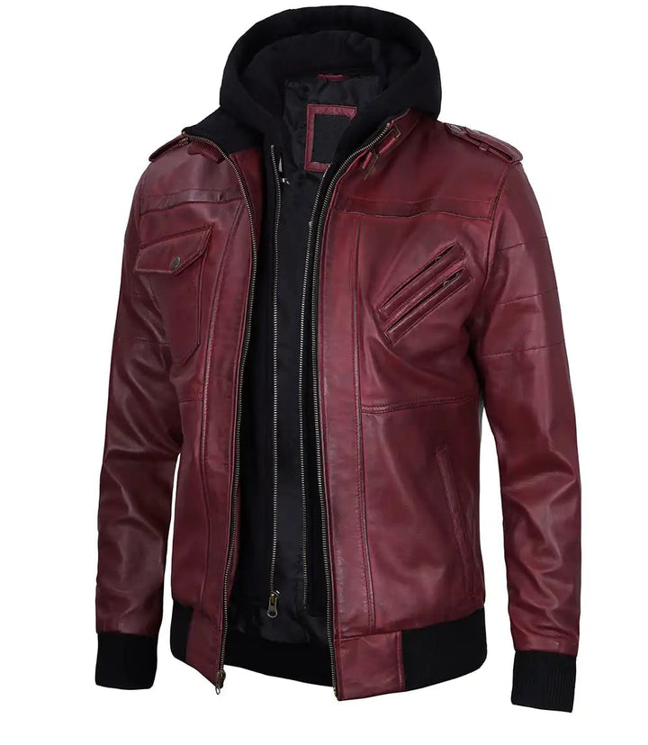 Classic maroon leather jacket with removable features