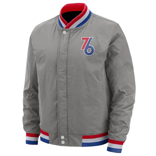 Front view NBA Philadelphia 76ers City Edition Courtside Gray Bomber Jacket