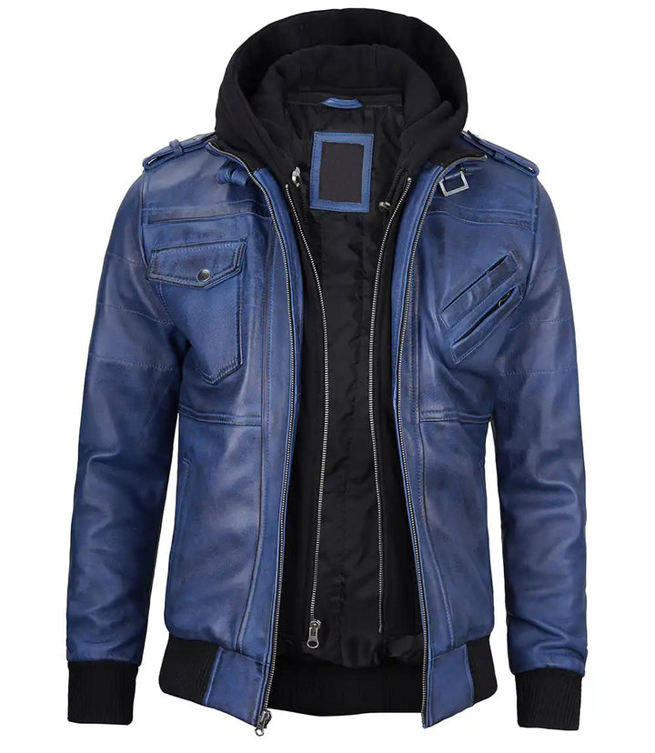 Classic Men's Blue Leather Jacket with Detachable Hood in USA