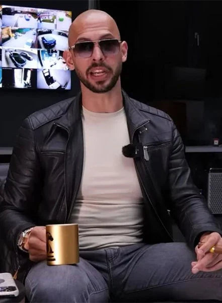 Andrew Tate rocking a stylish leather jacket from The Jacket Seller US in USA amrket