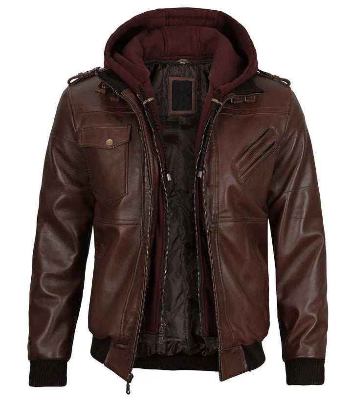 Chic Men's Leather Bomber Jacket with Hood in Dark Brown in United state market