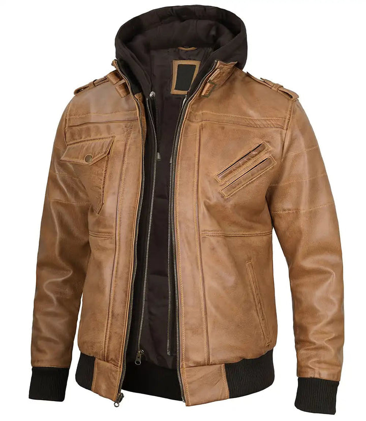 Elegant Men's Camel Brown Leather Jacket with Removable Hood in USA