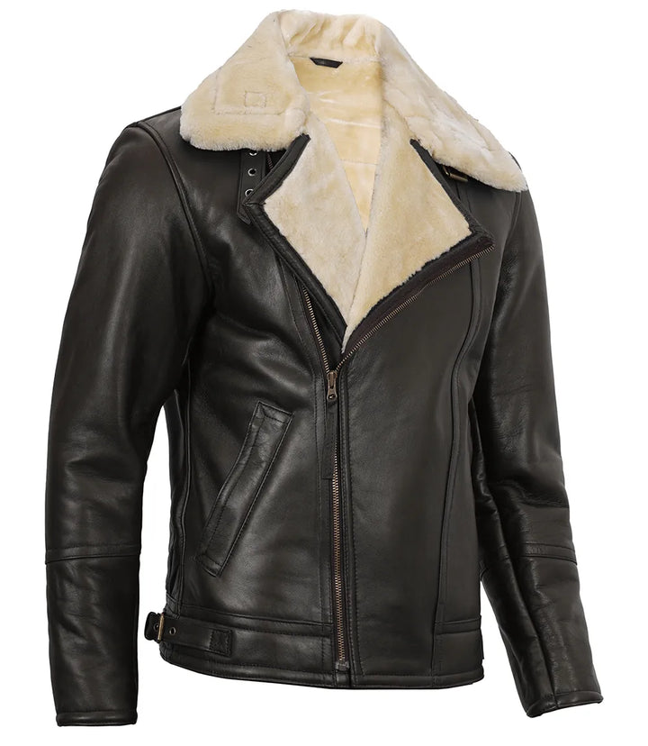 Men's dark brown leather jacket with shearling collar in USA