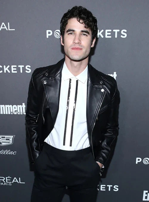 Darren Criss's stylish black leather jacket look in German market