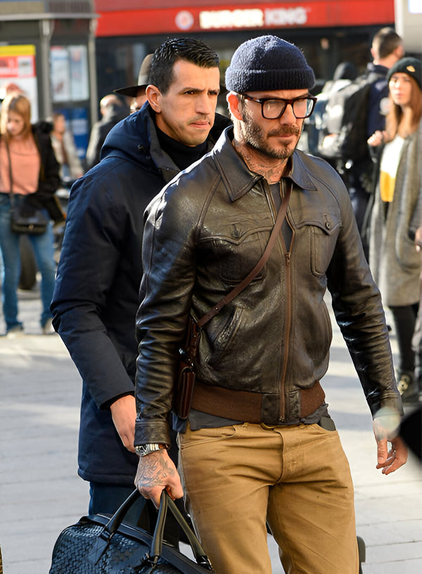 David Beckham's brown stylish leather jacket in USA