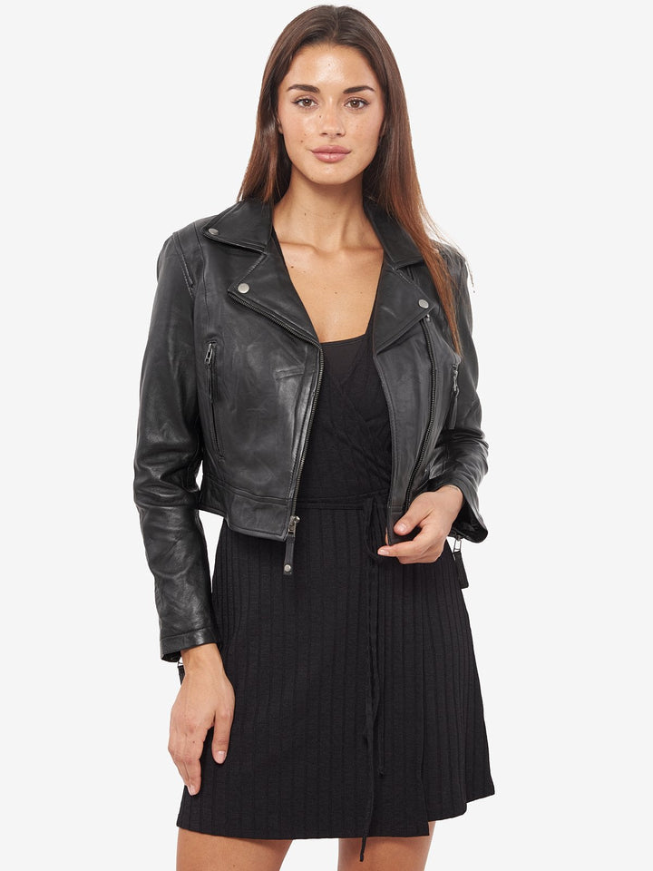 TJS Women's Black Cropped Leather Jacket
