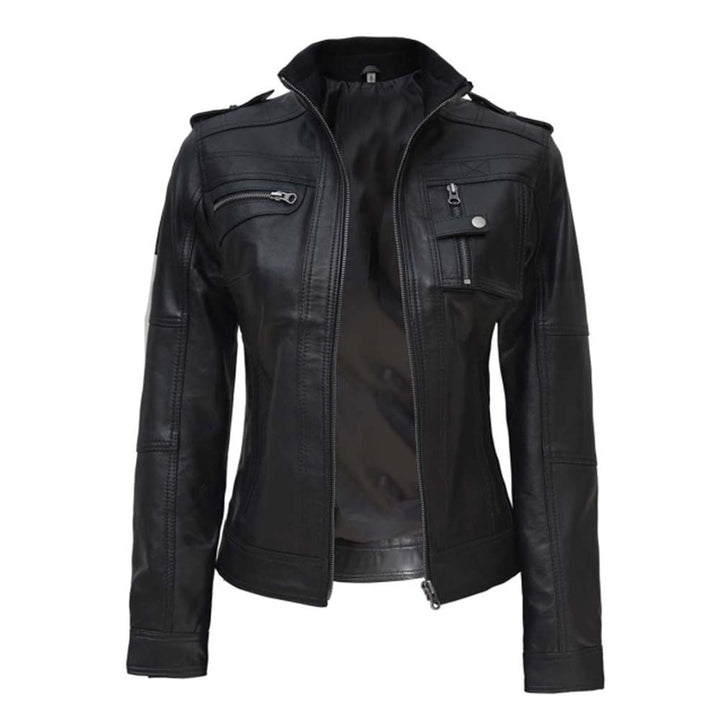 Women's black cafe racer leather jacket in USA