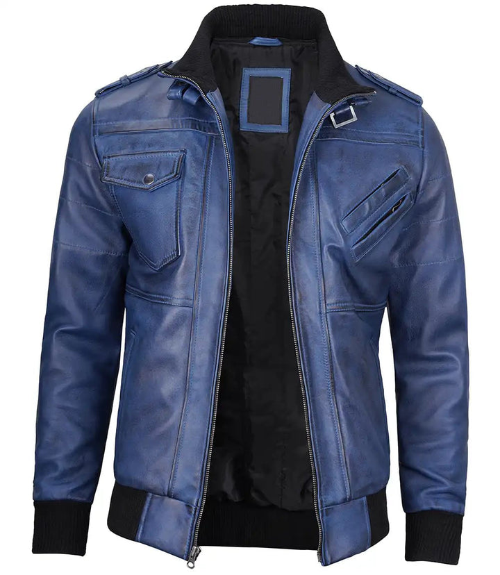 Stylish Blue Leather Jacket for Men with Removable Hood in American style