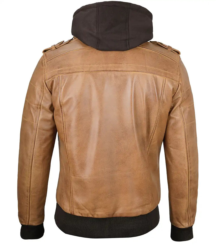 Men's Fashionable Camel Brown Leather Jacket with Detachable Hood in American style