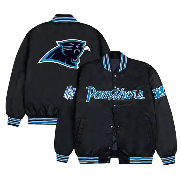 NFL Carolina Panthers satin bomber jacket with team logo in USA