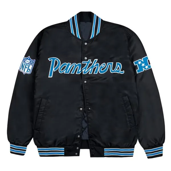 Carolina Panthers blue rib bomber black satin jacket front view in USA