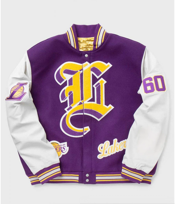 LA Lakers Letterman Purple Wool and White Leather Jacket