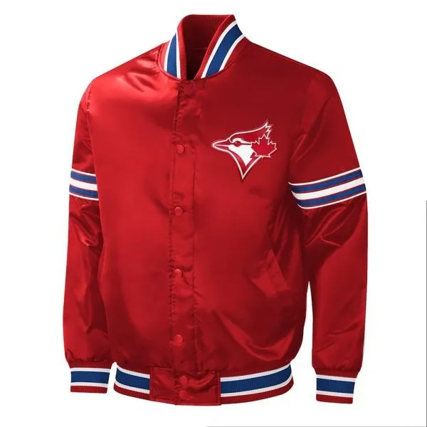 Red satin jacket with a logo on a white background