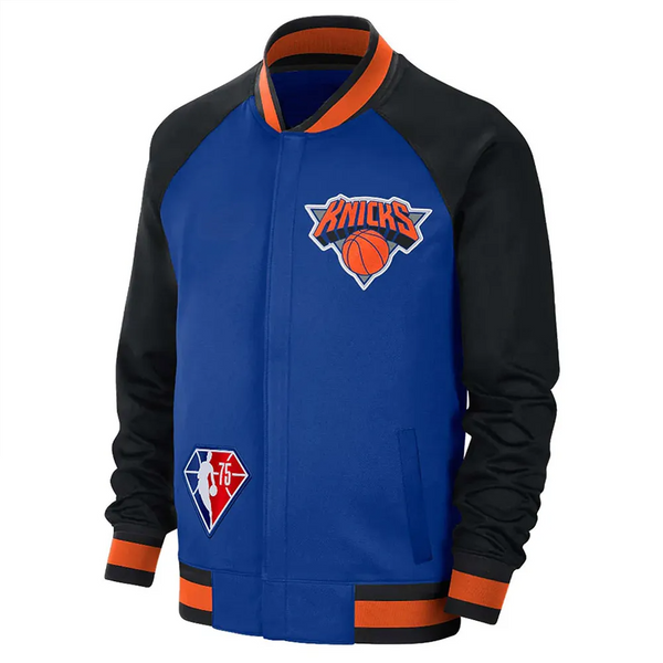 Front View NY Knicks Showtime Varsity Black and Blue Jacket