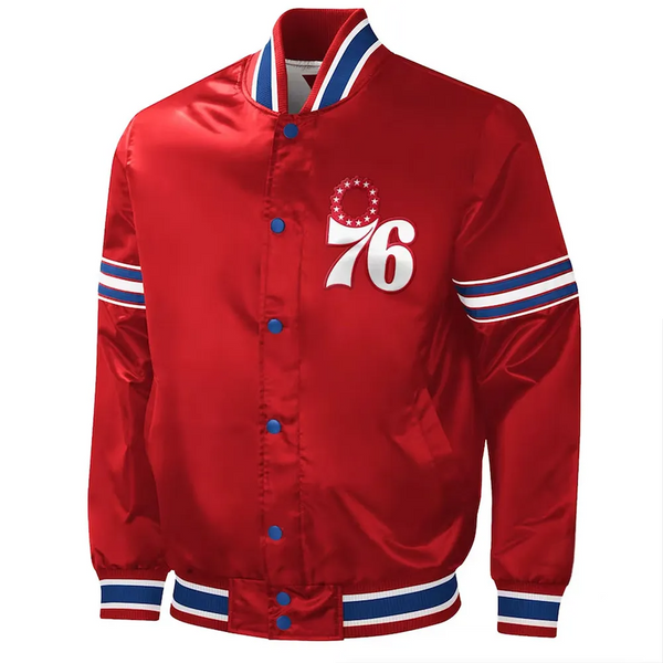 Front View Philadelphia 76ers Slider Red Varsity Satin Jacket
