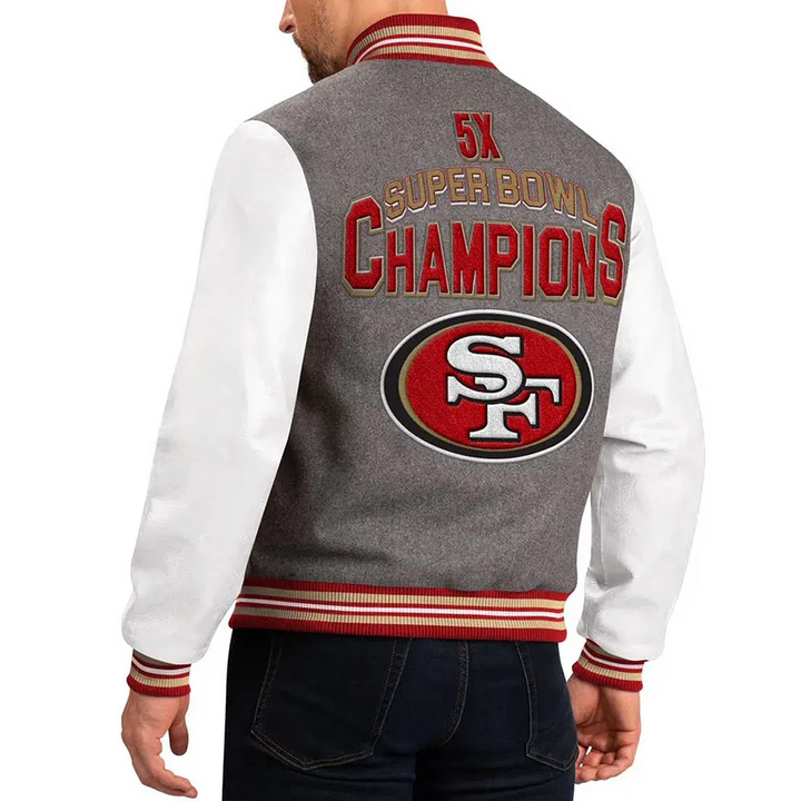 Classic San Francisco 49ers varsity jacket in red and gold in USA