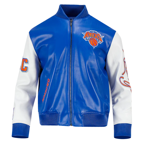 Shop NBA NEW YORK KNICKS CITY SIGNATURE MEN'S LEATHER VARSITY JACKET