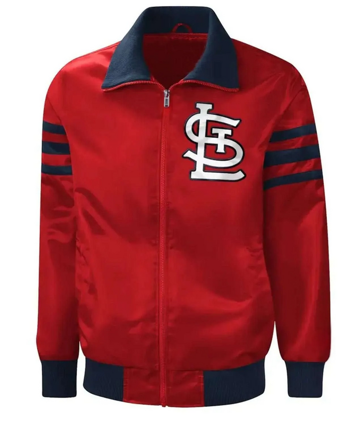 Red satin MLB jacket with Cardinals logo

