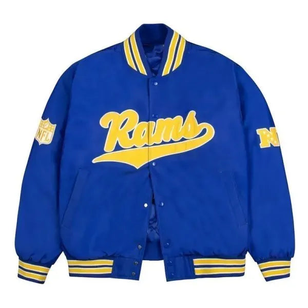 LA Rams gold rib bomber royal satin jacket front view in USA