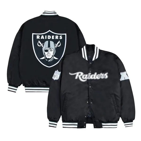 Las Vegas Raiders gray and white rib bomber black jacket front view in USA